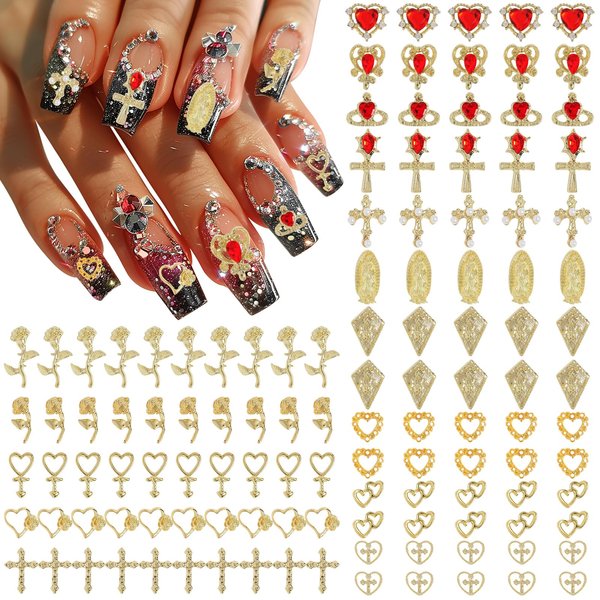 120Pcs Gold Nail Charms Set, Cross Nail Art Jewelry 3D Heart Crystal Rhinestone Gold Rose Charms Virgin Mary Nail Gems, 3D Y2K Nail Charms Luxury Nail Decoration Manicure Design Craft DIY Decoration