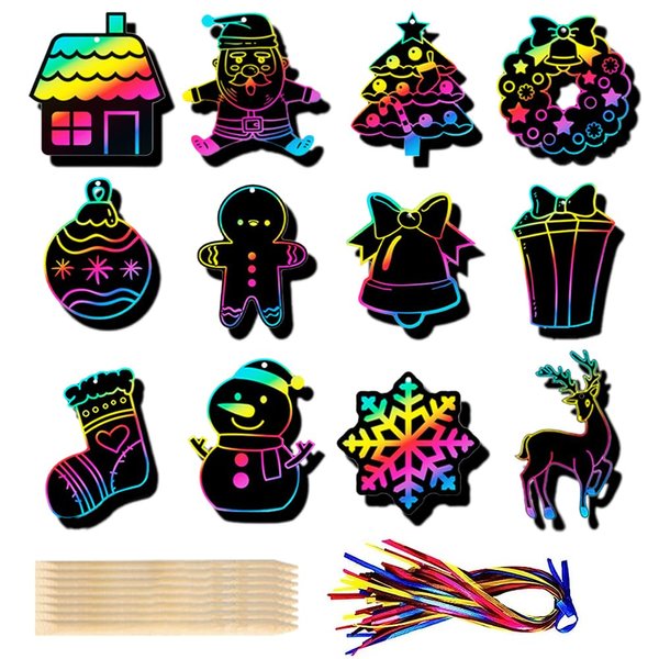 weiff 12 Sheet Xmas Scratch Paper Art 5'' X 5'' Magic DIY Rainbow Off Cards Crafts Set for Kids Boy Girl Classroom Prizes Birthday Adults Gift Easter Party Favors Decor Valentine Children's Day