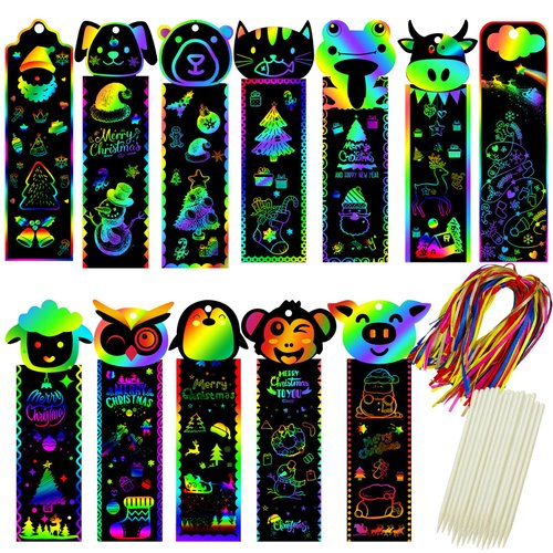 Tcvents 100 Sets Scratch Art Bookmarks Making Kit for Kids, Scratch Paper DIY Animal Bookmarks Bulk with 100 Pcs Ribbons and 100 Pcs Wood Stylus for Classroom Activities Party Favors, 13 Styles(B)