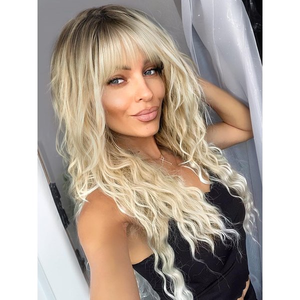 Nnzes Blond Long Curly Wig With Bangs for Women Hair Looking Natural Hair Synthetic Wave Wig for Wear Daliy Party