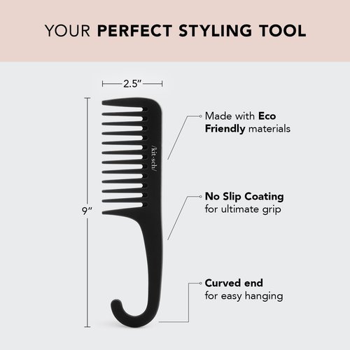 Kitsch Wide Tooth Comb for Curly Hair - Detangler Hair Combs for Women | Extra Wide Tooth Comb for Wet Hair with Curved Handle | Holiday Gift | Detangling Comb for Thick Hair | Shower Comb, Black
