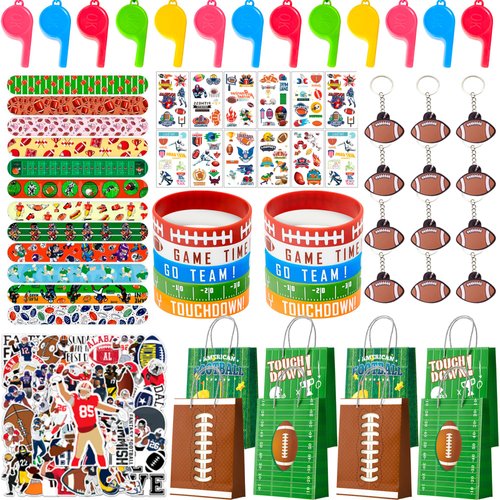Football Party Favors for Kids, 122pcs All-In-One Football Themed Party Favors Set, Football Keychains Bags Bracelets Stickers Whistle Erasers etc Rugby Party Favors for Football Party Decorations