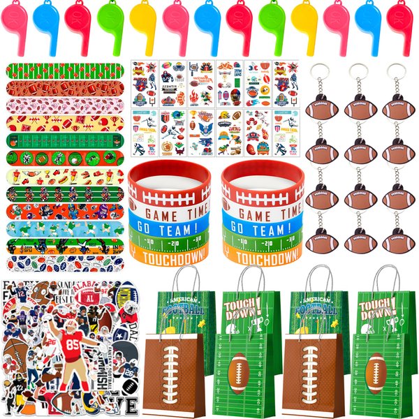 Football Party Favors for Kids, 122pcs All-In-One Football Themed Party Favors Set, Football Keychains Bags Bracelets Stickers Whistle Erasers etc Rugby Party Favors for Football Party Decorations