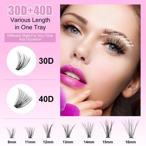 Eyelash Extension Kit, 280pcs DIY Individual Lash Cluster Kit D Curl, 9-16mm Mix Cluster Eyelash Extension Kit with Lash Bond and Seal False Eyelash Applicator Wispy At Home (30D+40D-9-16MIX KIT)