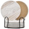 6Pcs Drink Coasters with Holder, Marble Style Ceramic Drink Coaster, Absorbent Coasters Set Suitable for Kinds of Cups, Modern Style Coasters for Coffee Table, 4 Inches