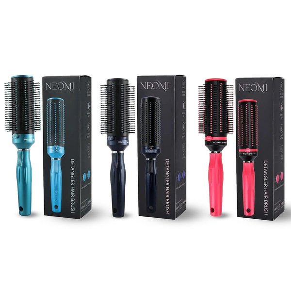 Set of 3 Navy, Blue & Pink Self Cleaning Hair Brush Comb - Detangler Brush Round Brush for Blow Out - Easy Clean Roller Hair Brushes for Women Men Birthday Gifts