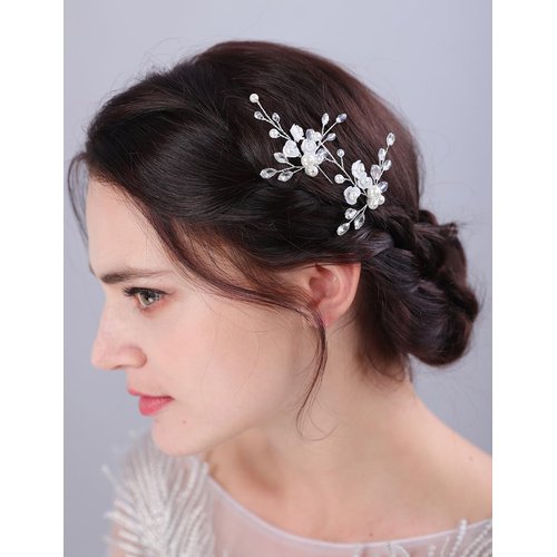 Teyglen 2pcs Flower Bride Wedding Hair Pins Silver Crystal Pearl Hair Piece Rhinestone Wedding Hair Pins Clips Set Bridal Hairpins Wedding Hair Accessories for Women Bride Girls