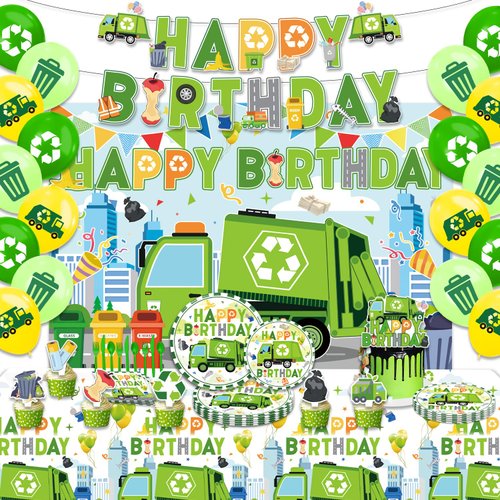 Trash Truck Birthday Decorations，Garbage Truck Birthday Decorations，Garbage Truck Party Supplies，Include Balloons,Backdrop,Banner, Cake Toppers，Plates，Tableware, Tablecloth