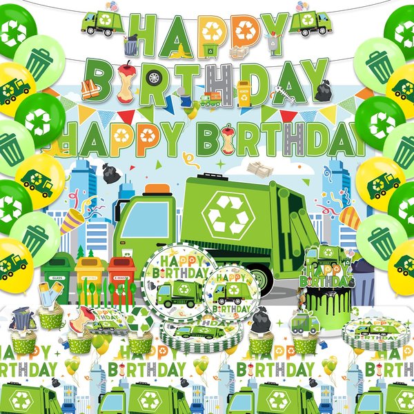 Trash Truck Birthday Decorations，Garbage Truck Birthday Decorations，Garbage Truck Party Supplies，Include Balloons,Backdrop,Banner, Cake Toppers，Plates，Tableware, Tablecloth