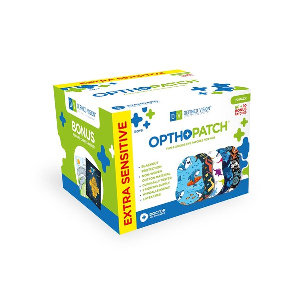 Kids Eye Patches - Fun Boys Design - 60+10 Bonus Latex Free Hypoallergenic Cotton Extra Sensitive Adhesive Bandages for Amblyopia & Cross Eye-3 Reward Chart Posters- OpthoPatch by Defined Vision