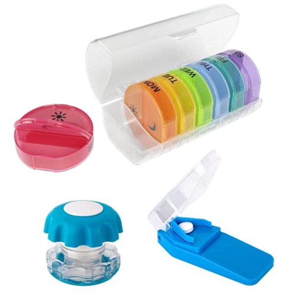 EZY DOSE Weekly (14-Day) Medication Management Bundle, Pill Case, Medicine Planner, Vitamin Organizer Box with Pill Cutter and Crusher, Convenient and Easy to Use, Colors May Vary, BPA Free