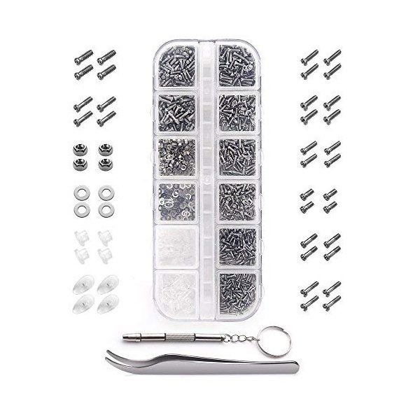 Becory Eyeglasses Repair Kit, 1100Pcs Tiny Screws and 5 Pairs Nose Pads Stainless Steel Set with Micro Screwdriver Tweezer for Glasses, Sunglasses, Watch Repair