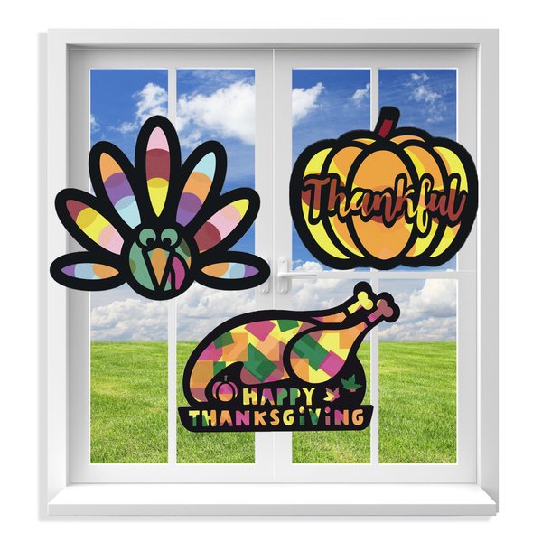 VHALE Suncatchers Craft 3 Sets (9 Cutouts) w Tissue Papers Stained Glass Effect Paper Sun Catcher Kit, Window Art, Classroom Crafts, Creative Art Projects, Kids Party Favors (Thanksgiving)
