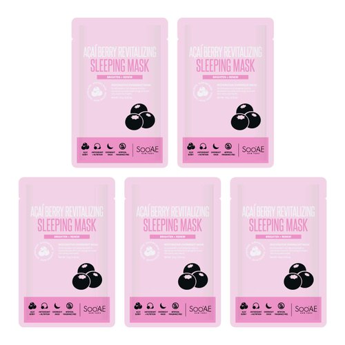 Soo'AE Acai Berry Revitalizing Sleeping Mask Skincare Brightening & Renew [Pack of 5] Overnight Face Mask Leave-in treatment Soothing Face Mask for Dry Skin Korean Beauty masks