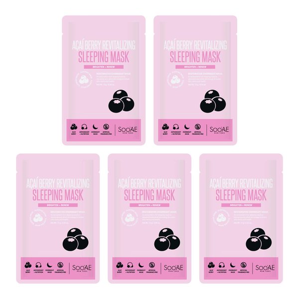 Soo'AE Acai Berry Revitalizing Sleeping Mask Skincare Brightening & Renew [Pack of 5] Overnight Face Mask Leave-in treatment Soothing Face Mask for Dry Skin Korean Beauty masks