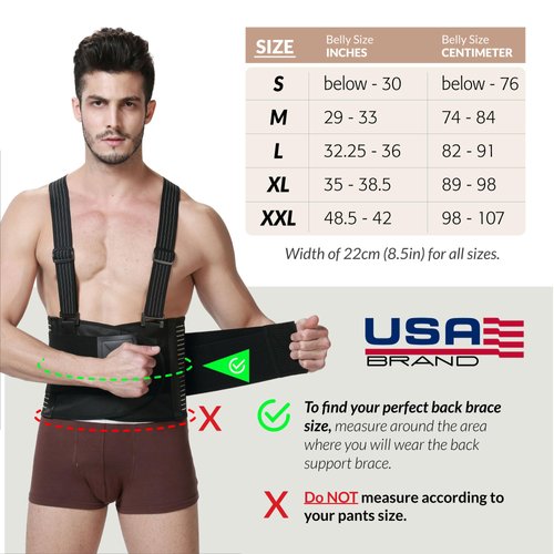 NeoTech Care Adjustable Back Brace Lumbar Support Belt with Suspenders, Charcoal Color, Size L