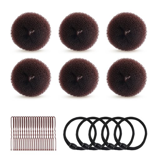 HOFASON Hair Bun Maker Donut 31 Pcs, 6 Pcs Small Hair Donuts for Buns, 5 Pcs Hair Elastic Bands, 20 Pcs Hair Pins, Hair Buns Pieces Ring Style Accessories for Kids Girls Short Thin hair Shaper (Brown)