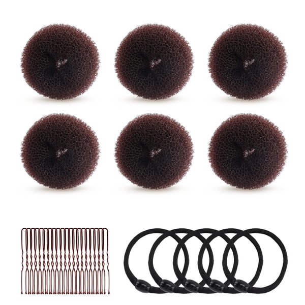 HOFASON Hair Bun Maker Donut 31 Pcs, 6 Pcs Small Hair Donuts for Buns, 5 Pcs Hair Elastic Bands, 20 Pcs Hair Pins, Hair Buns Pieces Ring Style Accessories for Kids Girls Short Thin hair Shaper (Brown)