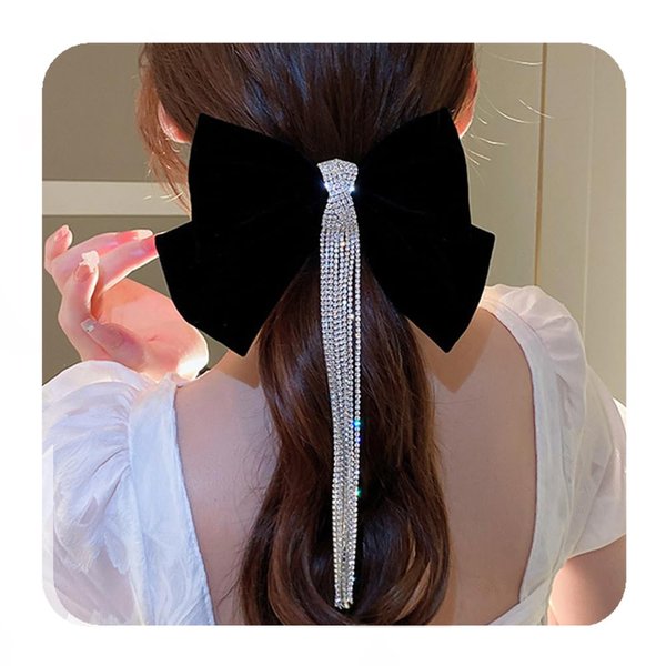 YERTTER Dainty Long Tassel Rhinestone Velvet Bow Hair Clips Set of Clips Hair Tie for Women's and Girls' Hair (Black)