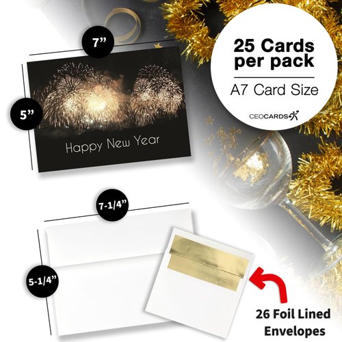 New Years Cards for Business & Family (Fireworks Burst) Bulk Greeting Card Set Pack of 25 Happy New Year Cards with Envelopes for 2025 (5x7 inch - A7) Great for Office, Work, Employees & Clients N1505