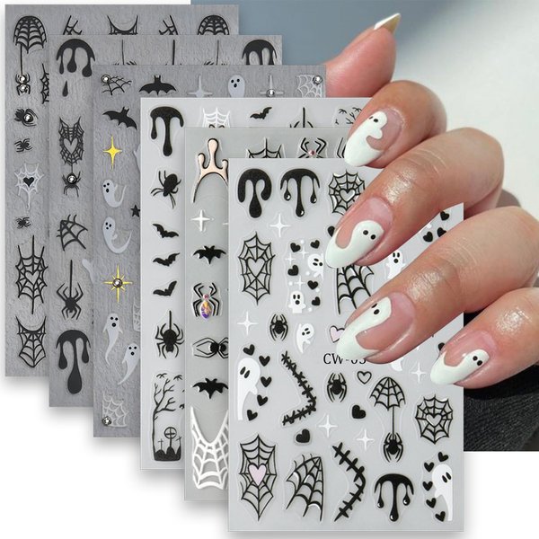 6Sheets Ghost Nail Stickers for Nail Art,5D Micro-Relief Halloween Ghost Nail Decals Scary Spider Charms Skull Bat Nail Decoration Bloody Nail Accessories for Women Acrylic Manicure Holiday Supplies
