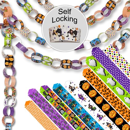 300 Halloween-Themed Paper Chain Strips for Crafting. No Glue or Tape Needed. Kid Friendly & Family Fun. 10 Spooky Patterns. Over 50 Feet of Paper Chains for Party Decorations & Classroom Decorations