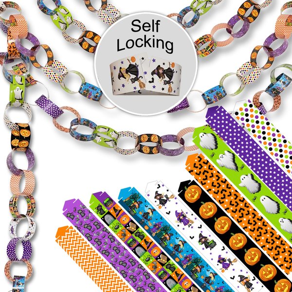 300 Halloween-Themed Paper Chain Strips for Crafting. No Glue or Tape Needed. Kid Friendly & Family Fun. 10 Spooky Patterns. Over 50 Feet of Paper Chains for Party Decorations & Classroom Decorations