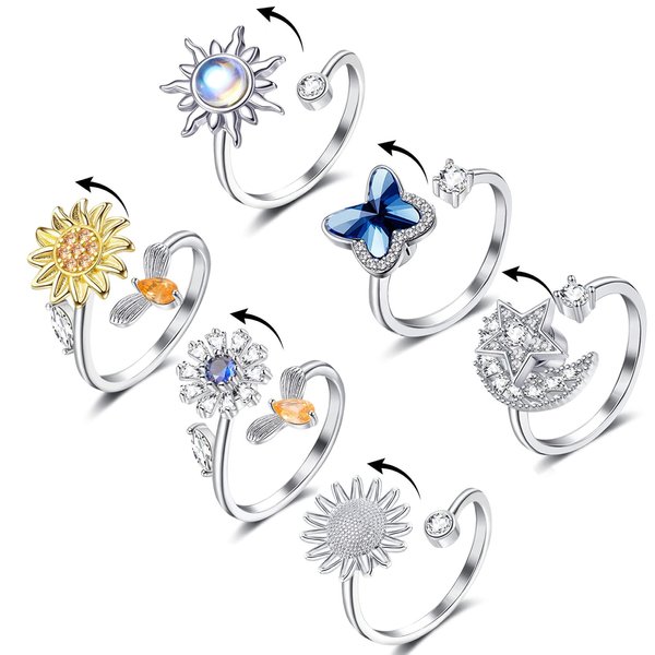 Honsny Fidget Rings for Women, Spinner Fidget Ring for Anxiety Adjustable Anxiety Relief Ring Set, Sunflower Butterfly Bee Star Moon Stress Relief Spinning Rings for Adults