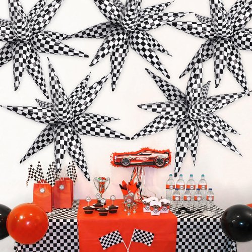 Gifloon 62Pcs Checkered Star Balloons 12 Spike Explosion Foil Balloon for Racing Themed Birthday Party Decorations, Black and White
