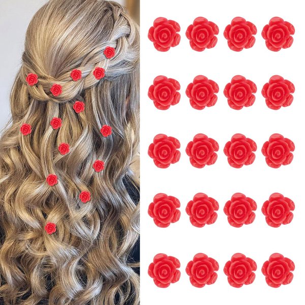 YISSION 20Pcs Mini Flower Hair Clips for Girls Women Cute Hair Pins Small Hair Clips Rose Flower Clips for Hair Wedding Hair Barrettes Bridal Hair Accessories for Girls Women Red