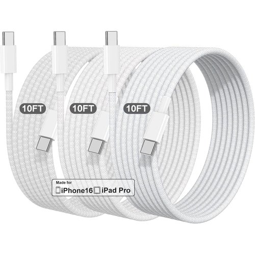 10FT Long USB C to USB C Charging Cable for iPhone 16 15, 3Pack 60W Type C to C uper Fast Charging Data Sync Braided Cable for iPhone 16/15 Pro Max, Vision Pro, iPad Pro Air mini, Airpods, Galaxy