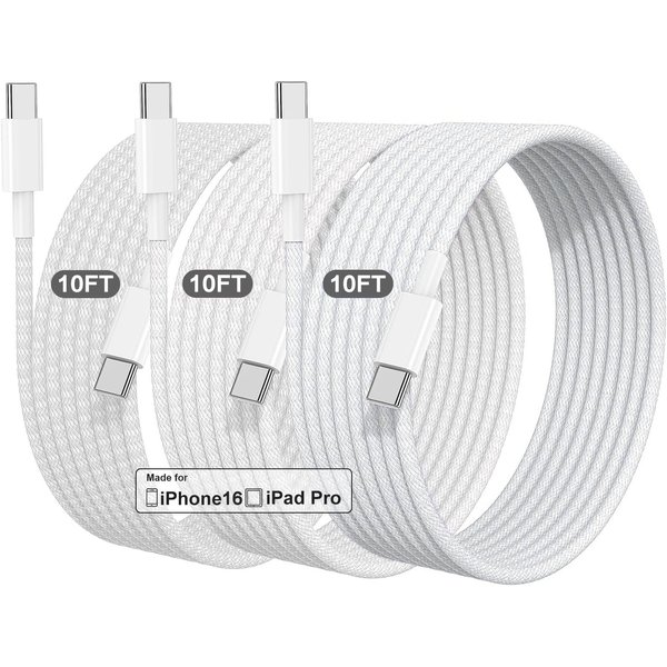10FT Long USB C to USB C Charging Cable for iPhone 16 15, 3Pack 60W Type C to C uper Fast Charging Data Sync Braided Cable for iPhone 16/15 Pro Max, Vision Pro, iPad Pro Air mini, Airpods, Galaxy