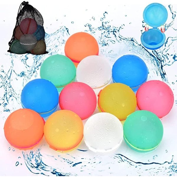 We Are Cool Reusable Water Balloons For Kids 12PK Outside Summer Toys Pool Party Favors Refillable Water Balls Quick Fill Magnetic Balls Outdoor Play Equipment Water Toys Pool Toys Outside Toys