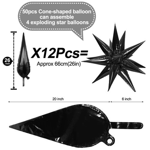 50 Pcs Black Foil Cone Star Balloons Big 26 inch Black Explosion Star Mylar Balloons 12 Point 3D Starburst Star Balloons for Party Supplies Christmas Birthday Wedding Decorations Party Supplies