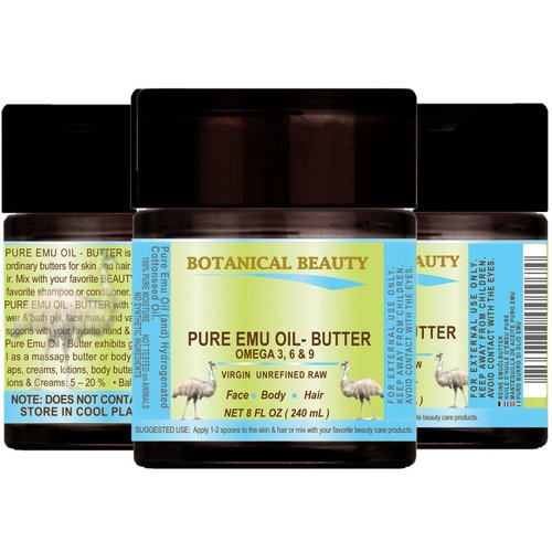 PURE EMU OIL- BUTTER. 100% Natural - RAW - VIRGIN - UNREFINED.for FACE, BODY, HANDS, FEET, NAILS & HAIR and LIP CARE. (8 Fl. oz. - 240 ml.)