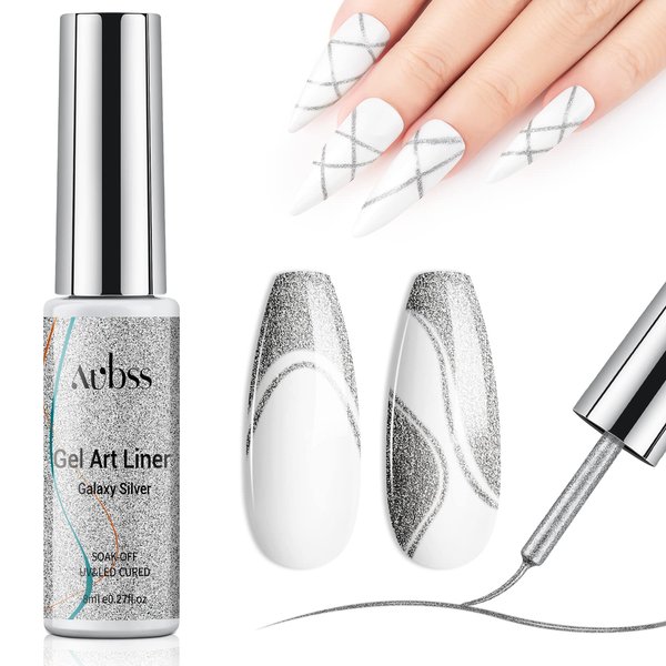 AUBSS Nail Art Polish 8ml Gel Liner Nail Polish, Silver Glitter Gel Nail Polish Sparkle Colors French Gel Polish UV Gel Paint Build in Thin Brush for Women Nails Design Lovers (Silver)
