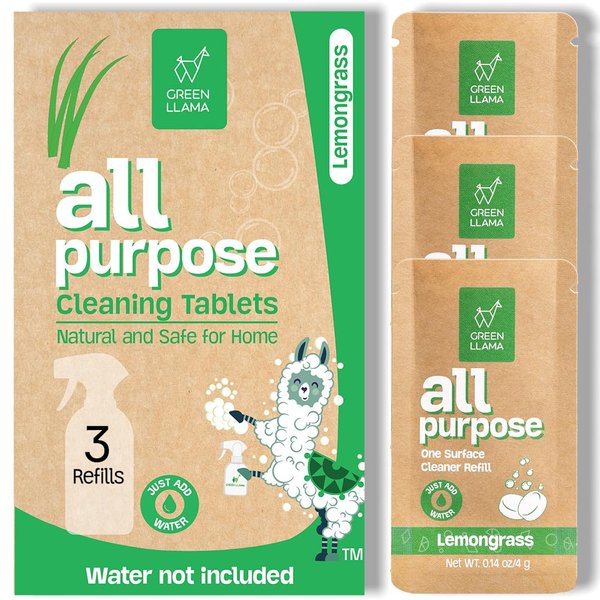 Green Llama Eco-Friendly and Sustainable All-Purpose Refill Tablets | 3-Pack | Lemon Grass Scent | Natural Cleaning Solution for Home with Certified Compostable Packaging