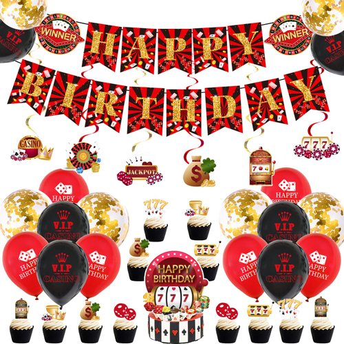 Chilfamy Casino Party Decorations, Las Vegas Theme Party Supplies with Casino Birthday Banner, Hanging Swirl Decors, Cake Toppers, Balloons for Men Women Poker Game Night Party