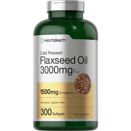 Horbaach Flaxseed Oil Softgel Capsules 3000mg | 300 Count | High Potency | with Omega 3 6 9 | Non-GMO, Gluten Free | Cold Pressed Flax Seed