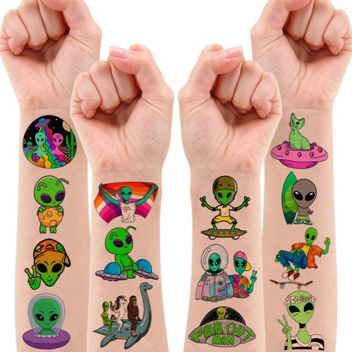 96PCS Cute Alien Temporary Tattoos Themed Birthday Party Decorations Supplies Favors Decor Funny Outer Space Galaxy Stickers Tattoo Gifts for Kids Girls Boys School Prizes Carnival Halloween Christmas