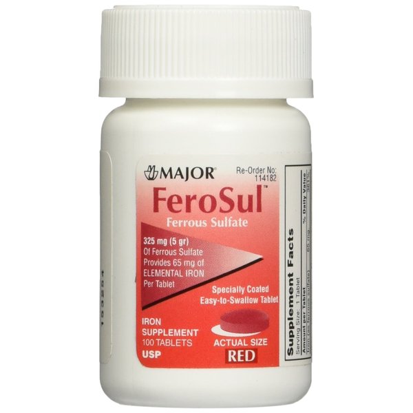 Major FeroSul Ferrous Sulfate 325mg, 100 Iron Supplement Tablets each (Value Pack of 3)