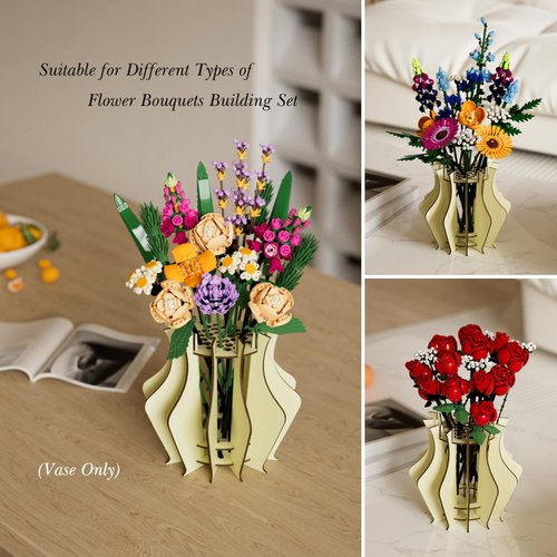 Vase for Lego Flowers, Display for Lego Roses Sunflowers Wildflower Daffodils Lotus Cherry Blossoms, Wooden Puzzle Vase for Lego Flowers Bouquet, Great Present for Flower Lovers