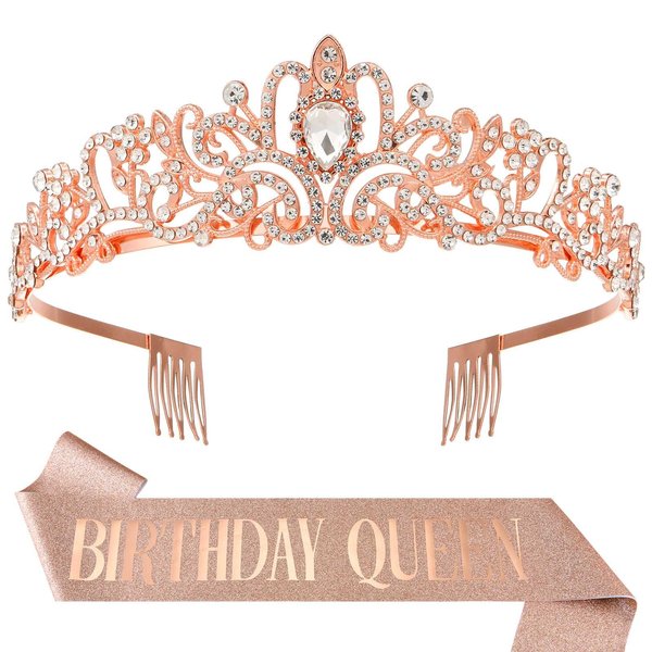 Birthday Crown and Sash for Women Queen Crystal Tiara Rhinestone Hair Headband Set Happy Party Decorations Accessories Girls Princess Gifts Outfit Kits Rose Gold