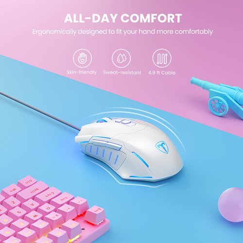 WEEMSBOX Gaming Mouse, Wired Gaming Mice [Breathing RGB LED] [Plug Play] High-Precision Adjustable 7200 DPI, 7 Programmable Buttons, Ergonomic Computer USB Mouse for Windows/PC/Mac/Laptop Gamer-White