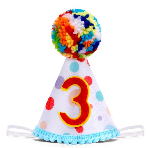 Chanaco 3rd Birthday Hat for Girls and Boys, Third Birthday Decoration for Baby, Baby Birthday Hat with Colored Fur Balls Topper for Kids, 3 Year Old Birthday Conical Cap for Party Favors