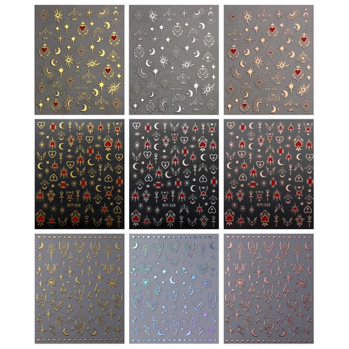 JMEOWIO 9 Sheets Moon Star Nail Art Stickers Decals Self-Adhesive Pegatinas Uñas Sun Nail Supplies Nail Art Design Decoration Accessories