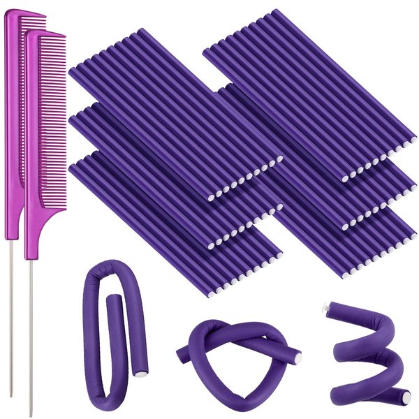 60 Pieces Flexi Rods Flexible Curling Rods Hair Curlers Rollers Twist Flexi Rods Hair Curlers Set No Heat Hair Rods Rollers Flexible Rods for Long Short Hair Women Girls (Purple, 0.3 x 9.5 Inch)
