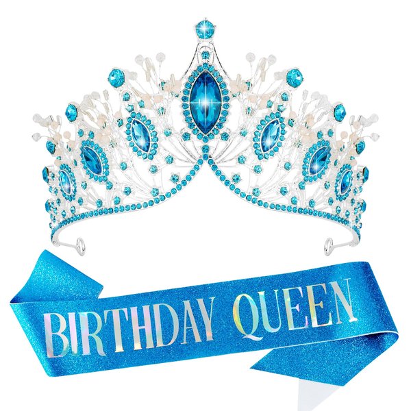 VELSCRUN Blue Crystal Birthday Tiara Crowns for Women Girls Elegant Queen Crown Headband Birthday Queen Sash Happy Birthday Queen Party Decorations Birthday Cake Topper Hair Accessories
