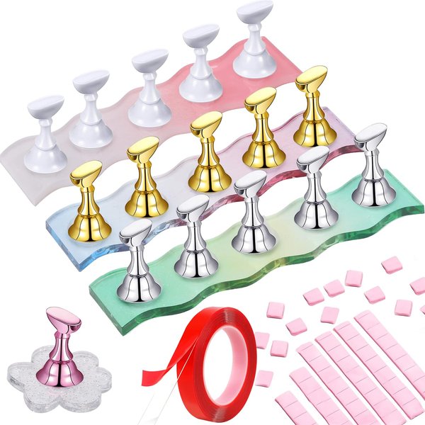 Nail Holder for Painting Nails,3 Set Strong Magnet Nail Stand for Press Ons with 48Pcs Putty, 9.8Ft Double-Sided Tape, Crystal Nail Tip Stand for Beginner Home Nail Art Desgin Practice DIY Salon Use