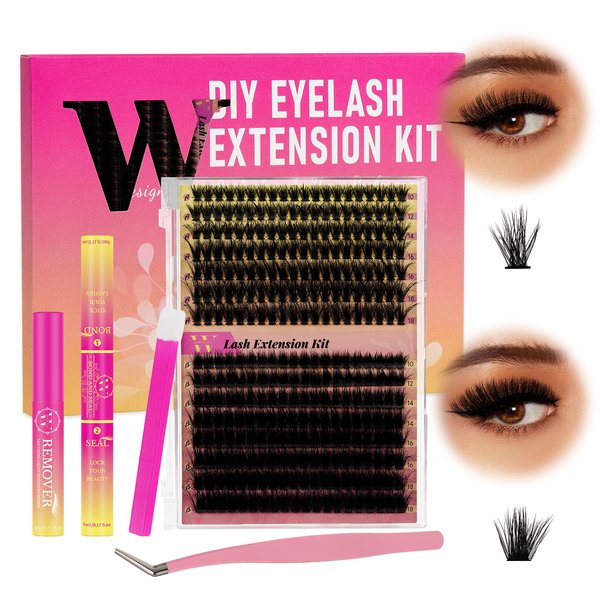 Lash Extension Kit 300Pcs 7090D DIY Individual Eyelashes Extensions Lashes Clusters Kit Lash Bond And Seal Lash Remover Lash Applicator Tool For False Eyelash Cluster Kit At Home(D-Mix10-18mm,20)